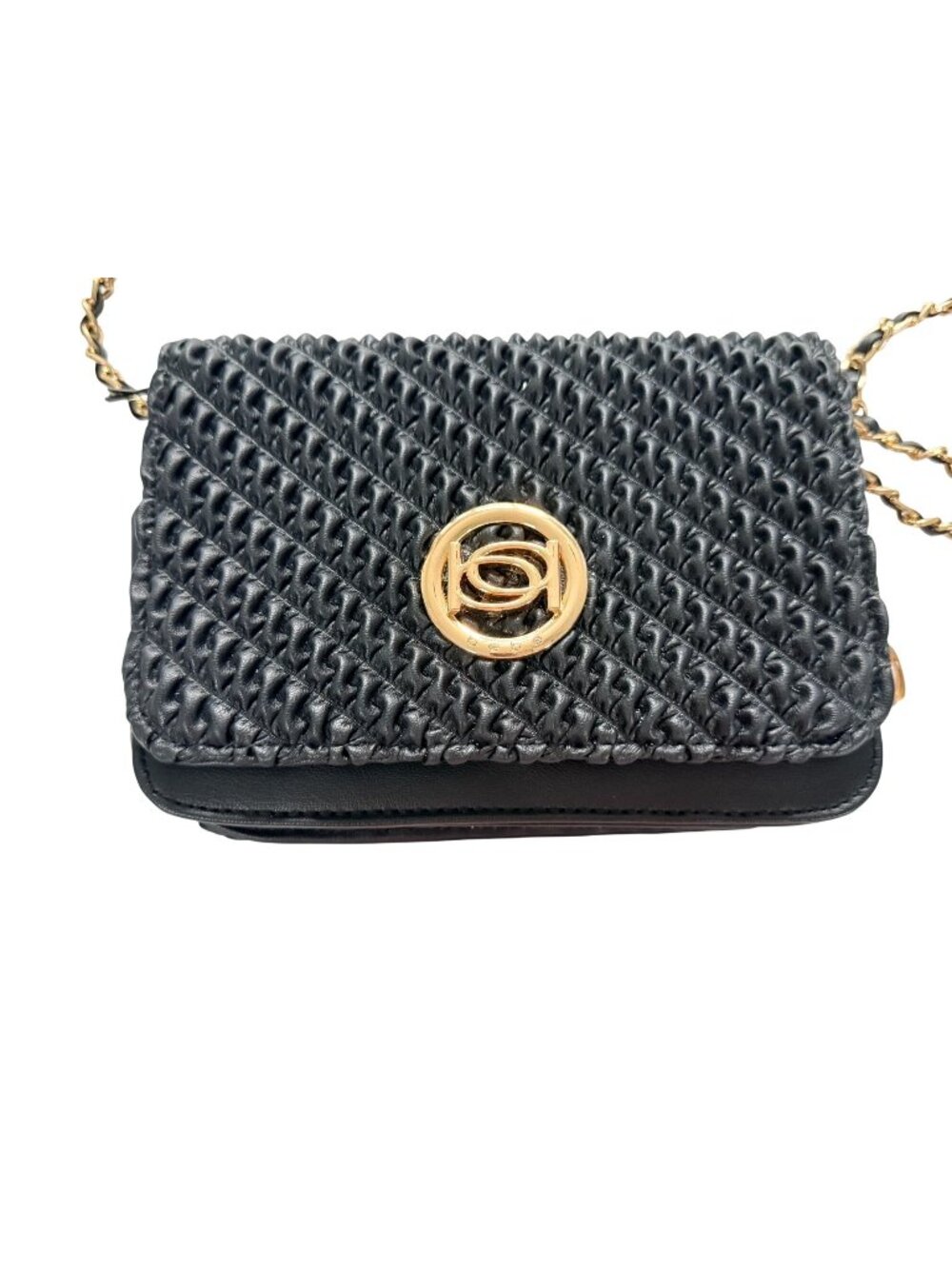 Bebe Black Woven Chain Strap Crossbody Bag Gold Hardware Flap Purse Party Glam
